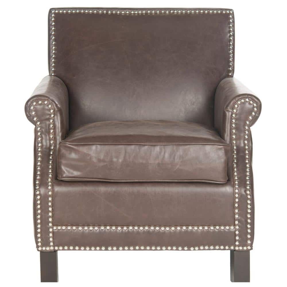 Contemporary Antique Brown Faux Leather Arm Chair with Birch Wood Legs