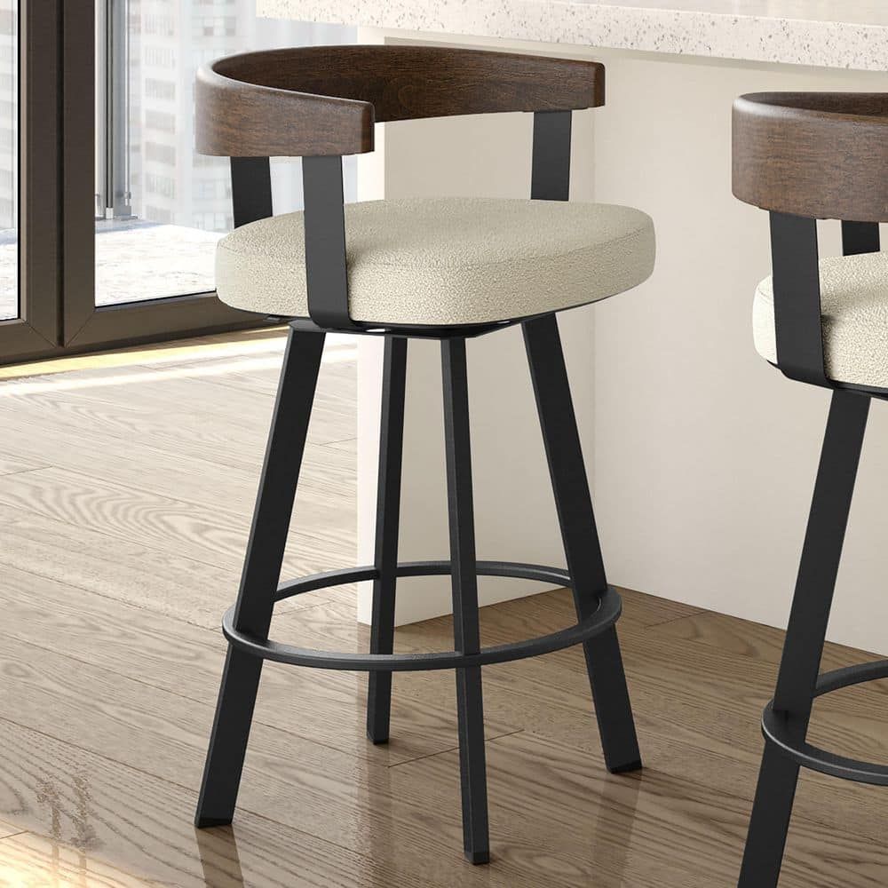 Lars Cream Boucle Swivel Counter Stool with Black Metal and Wood Backrest