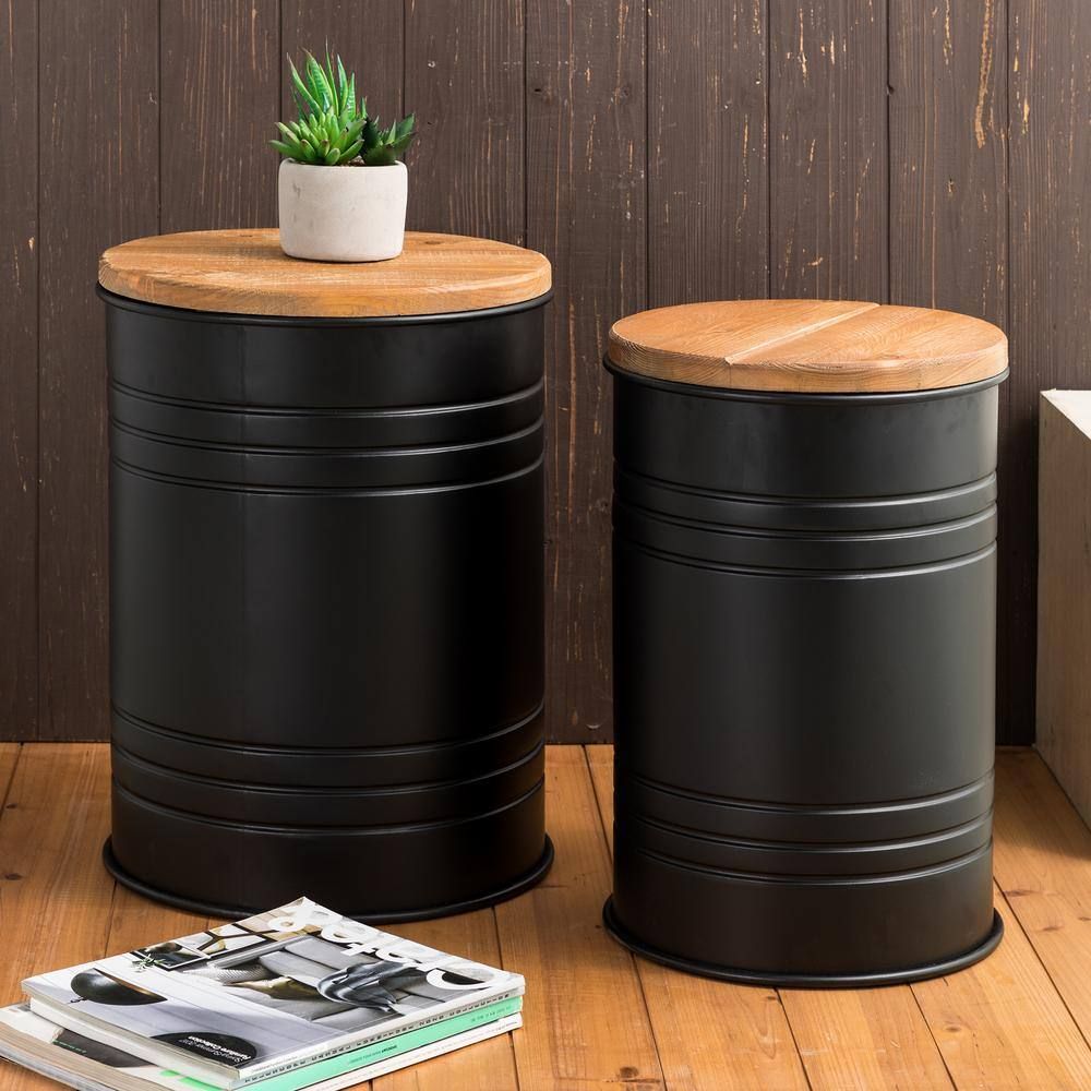 Rustic Farmhouse 19" Black Metal Storage Stool with Honey Wood Lid