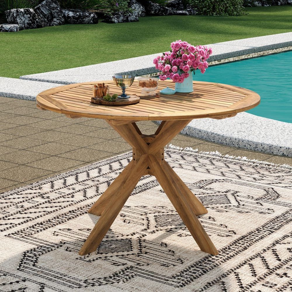 Rustic Teak Brown Acacia Wood Round Outdoor Dining Table
