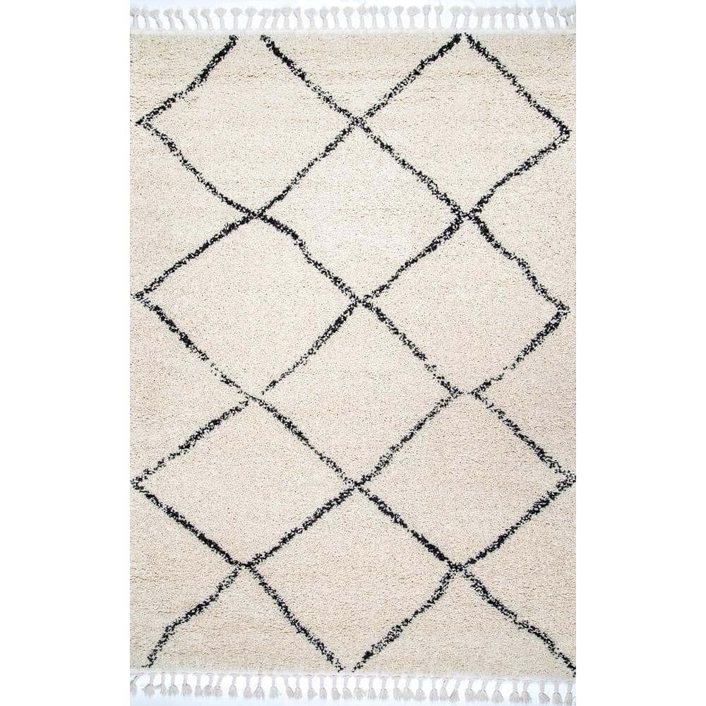 Off White Braided Square Shag Synthetic Easy Care Rug