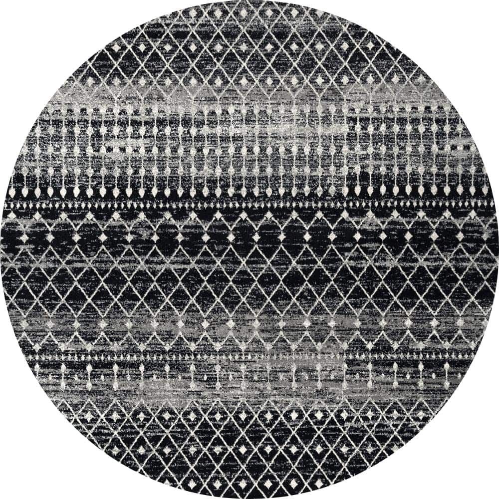 Handmade 8' Round Black Synthetic Geometric Area Rug