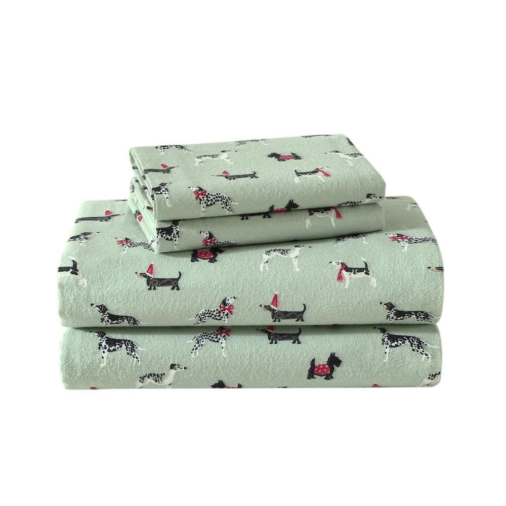 Holiday Pups Green Cotton Flannel Full Sheet Set