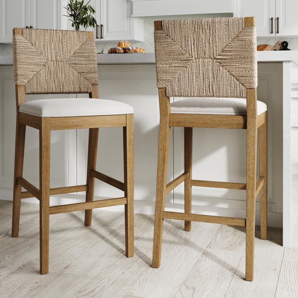 Beacon Light Brown Wood Bar Stool with Cream Boucle Upholstery