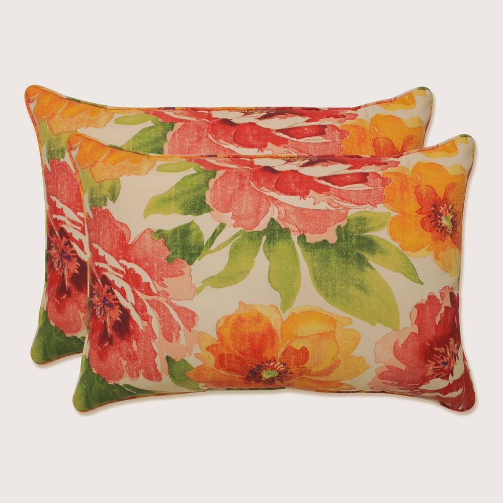 Oversized Rectangular Floral Lumbar Pillows Set in Red and Orange