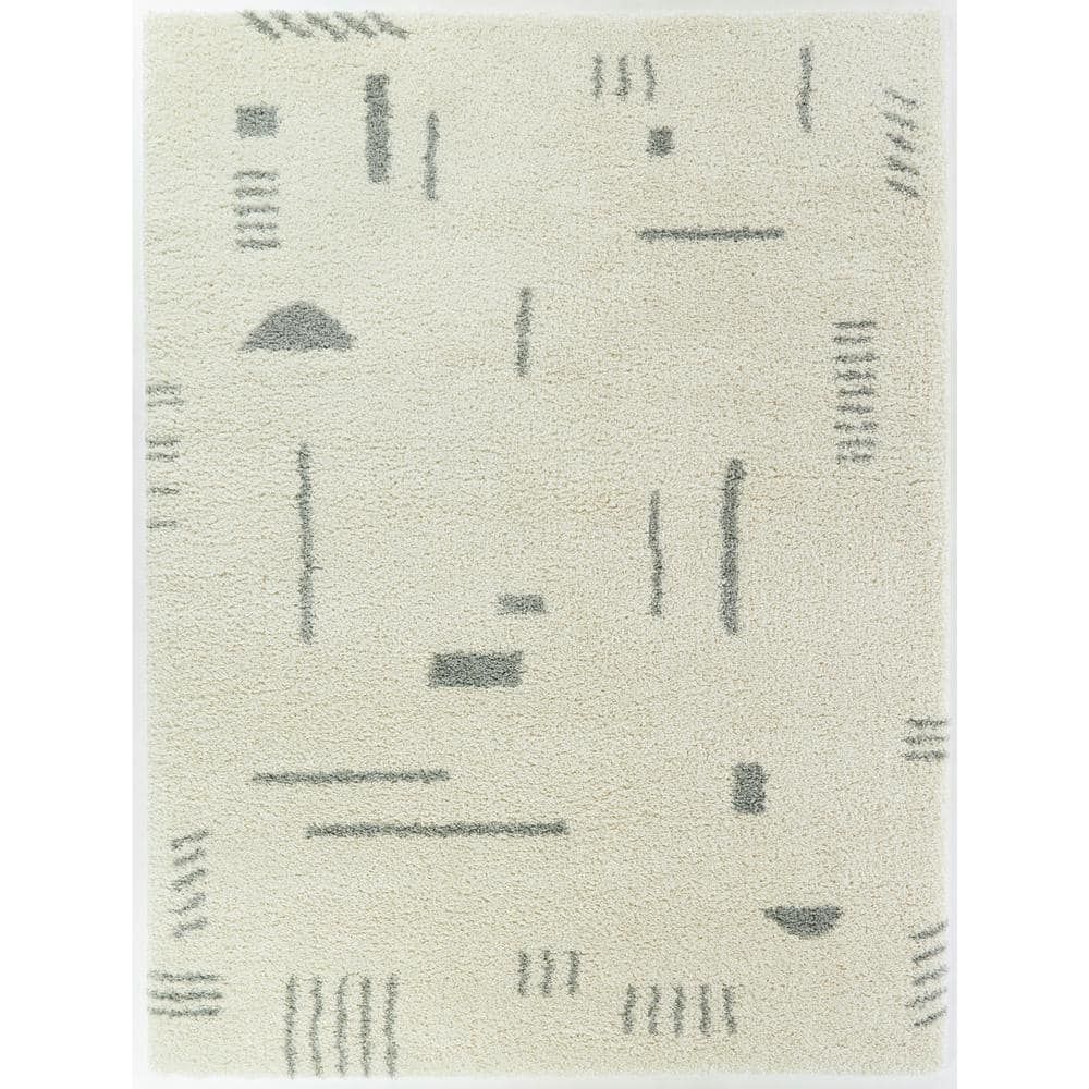 White and Grey Geometric Shag Synthetic 6' x 9' Area Rug