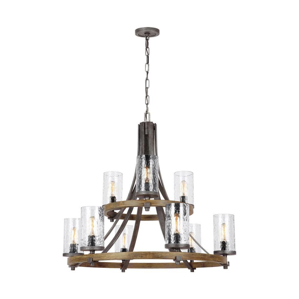 Distressed Weathered Oak and Slate Grey 9-Light Chandelier