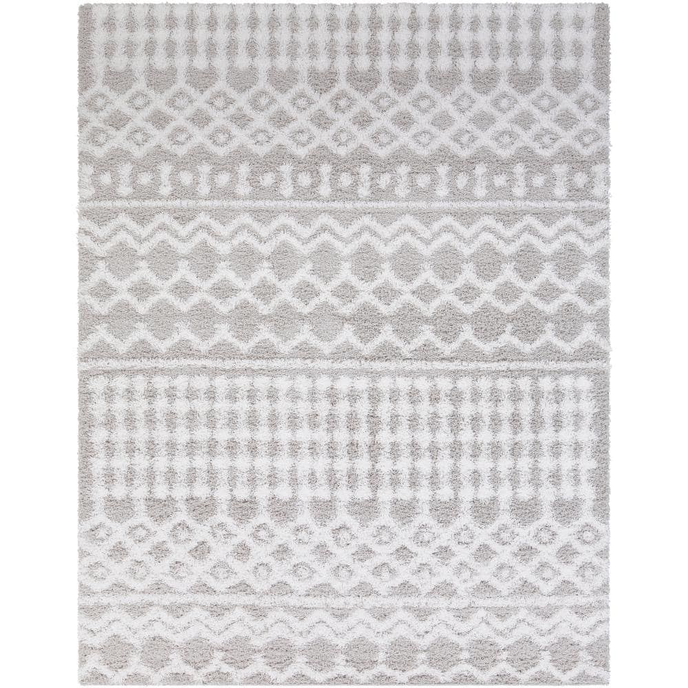 Large White and Light Gray Synthetic Shag Area Rug