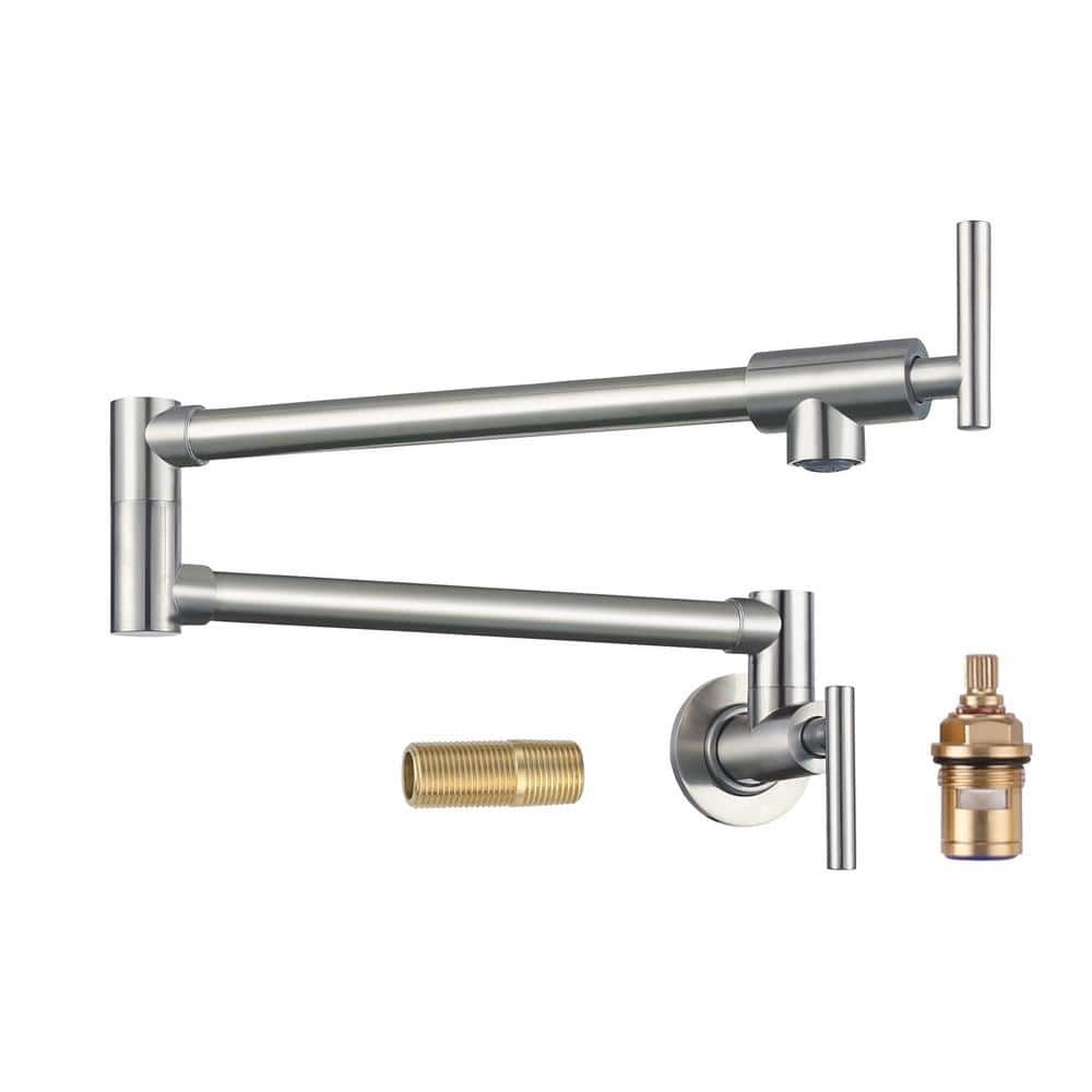 Brushed Nickel Double Handle Wall Mount Pot Filler Faucet