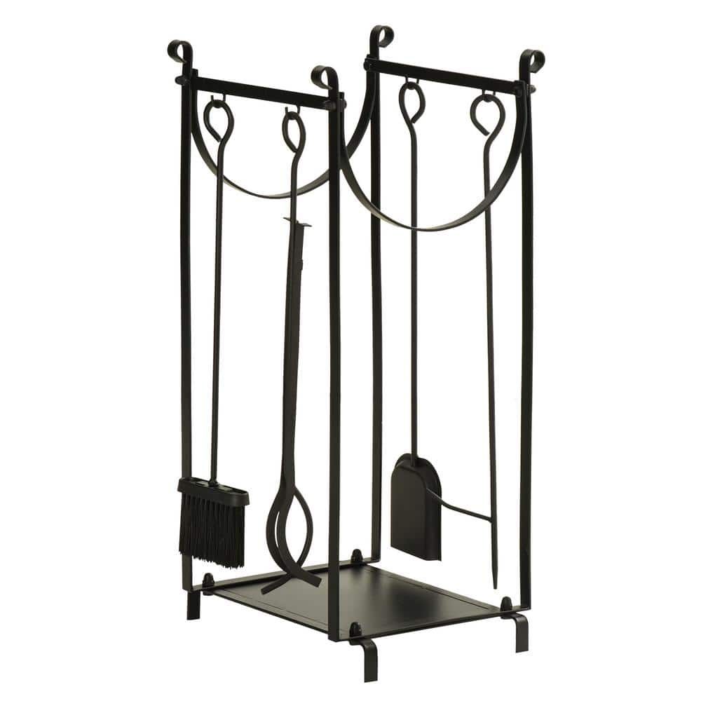 14.50 in. Black Iron Firewood Rack with Fireplace Tools