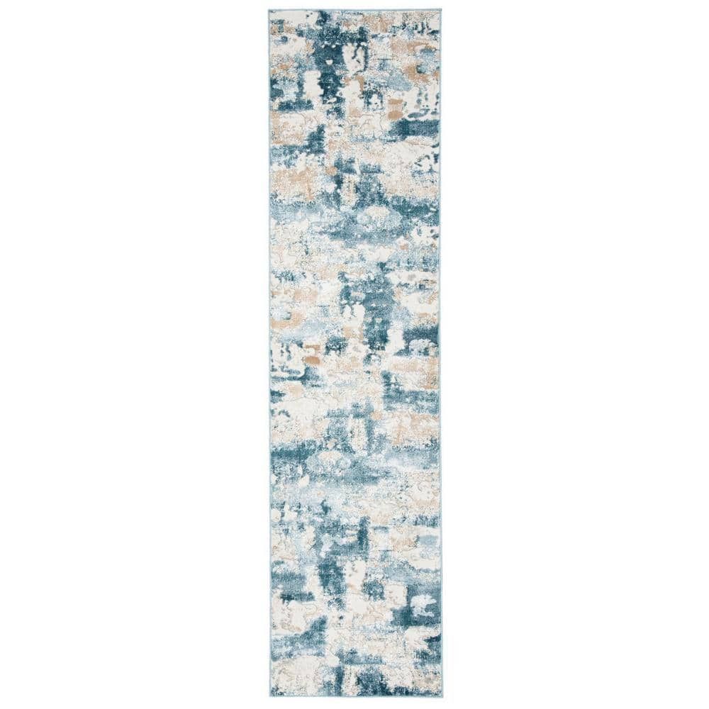 Abstract Beige & Turquoise 24"x10" Synthetic Easy-Care Runner Rug