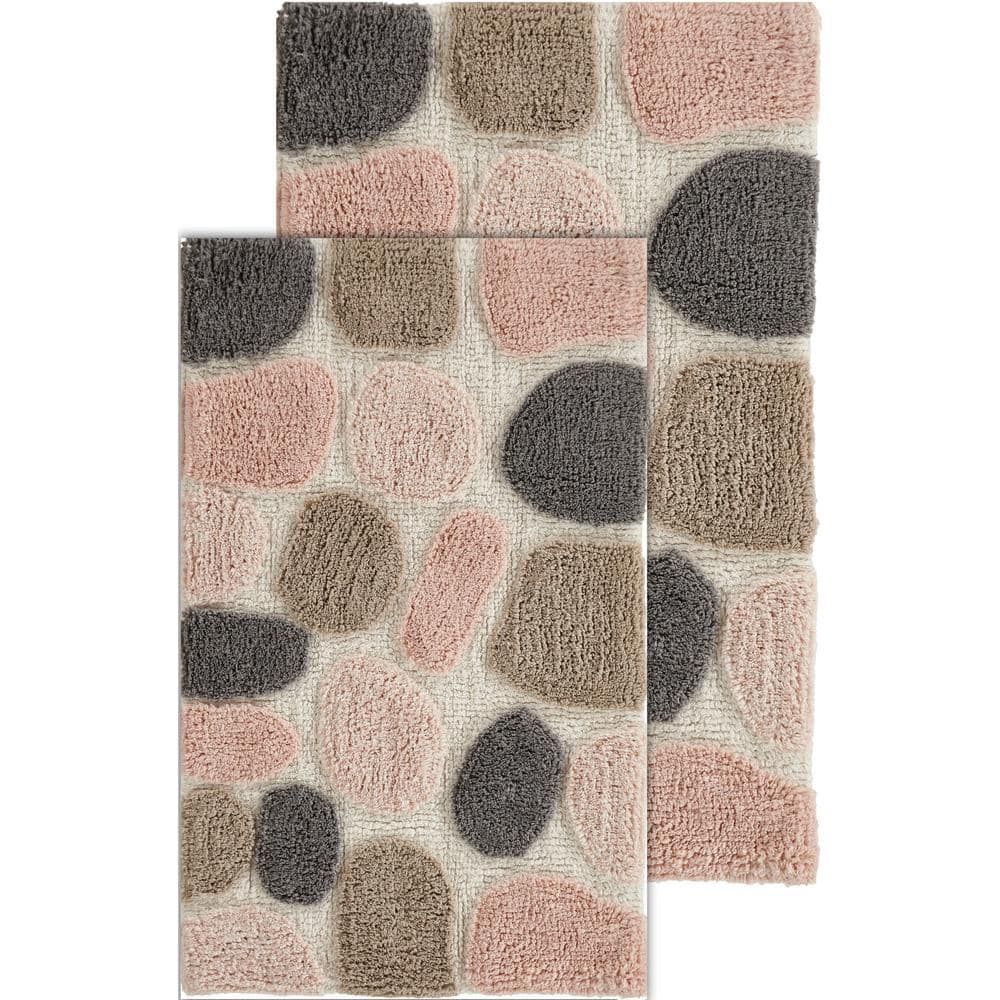 Pebble Pattern Pink and Gray Cotton Bath Mat Set