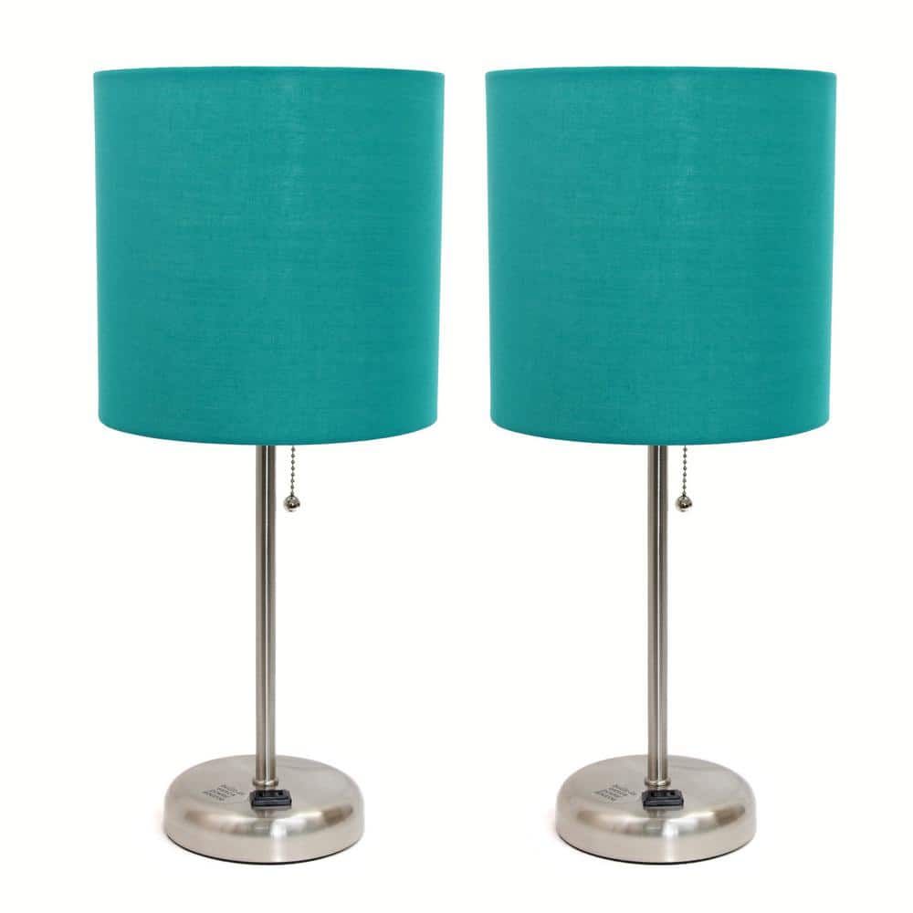 Teal Fabric Shade Brushed Steel Stick Table Lamp Set with Charging Outlet