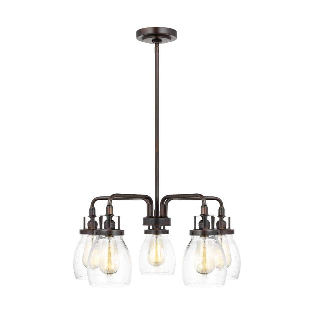 Bronze Five-Light Chandelier with Clear Seeded Glass Shades