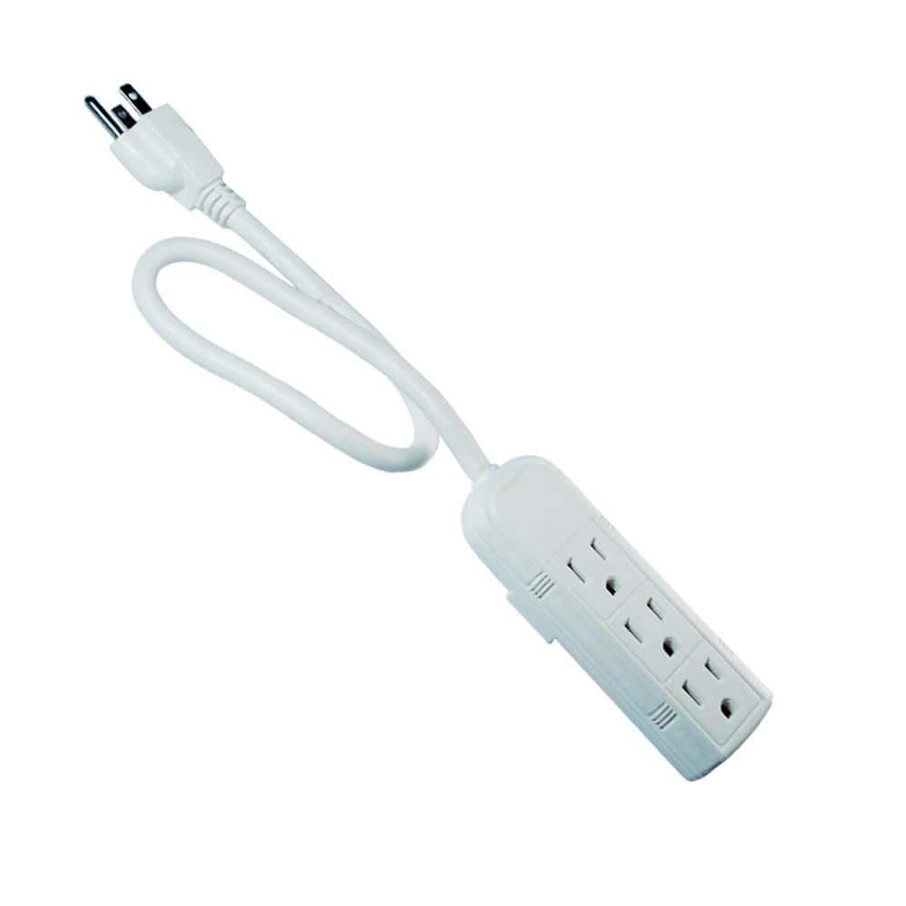 Compact White ABS 3-Outlet Power Strip with 1.5 ft Cord