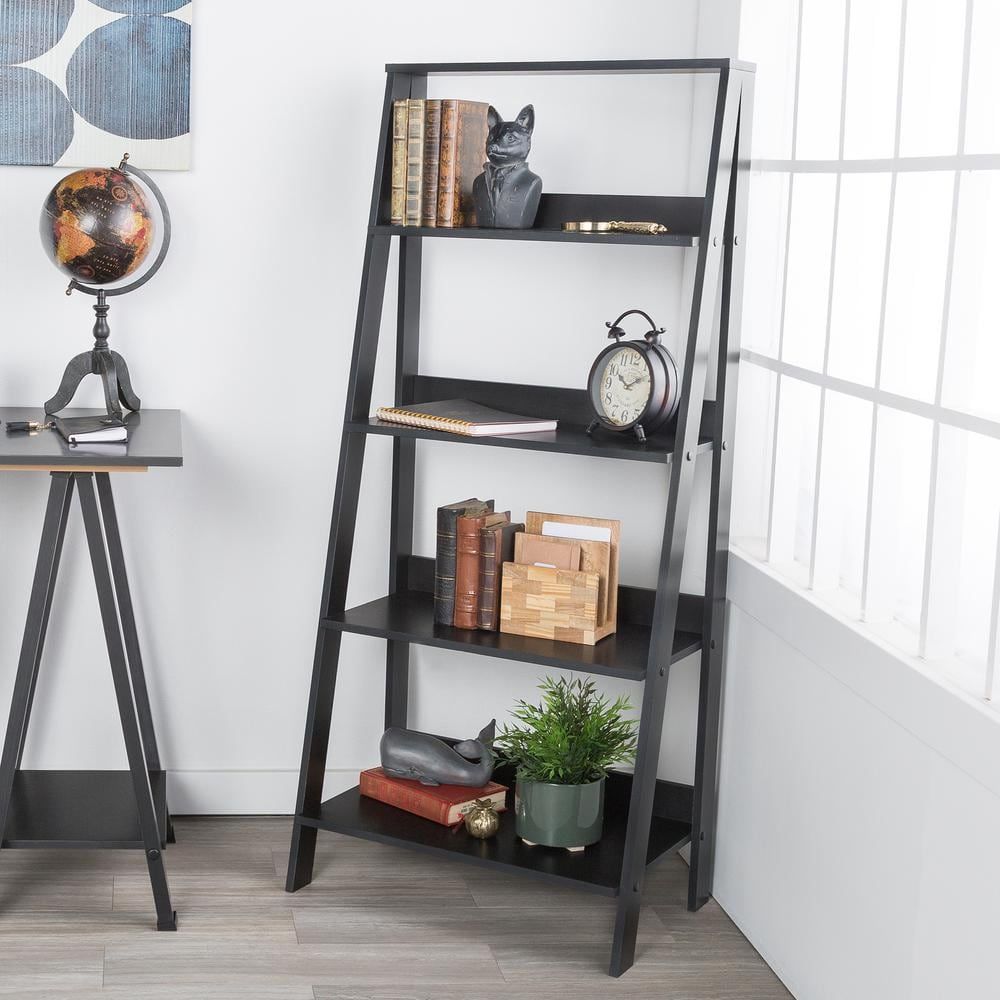 Contemporary Black Ladder Bookshelf with 4 Storage Shelves