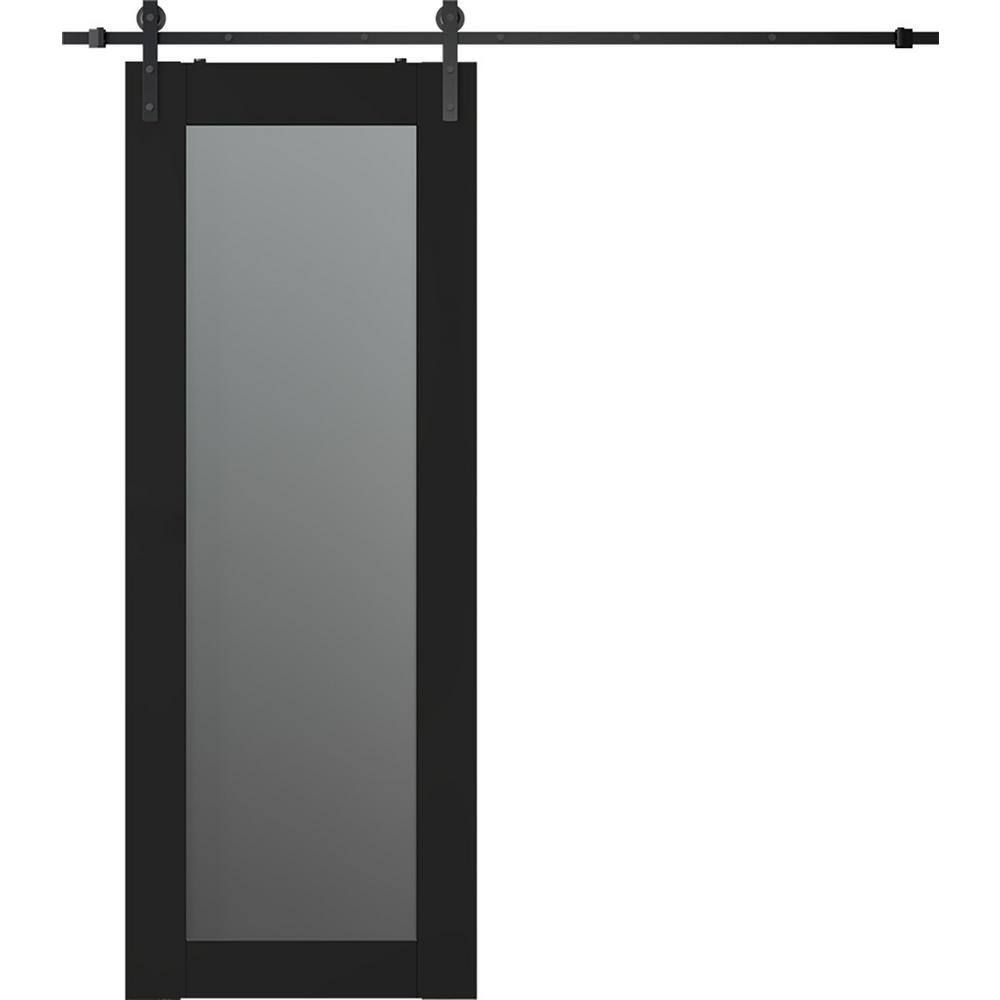 Black Composite Wood and Frosted Glass Barn Door Kit
