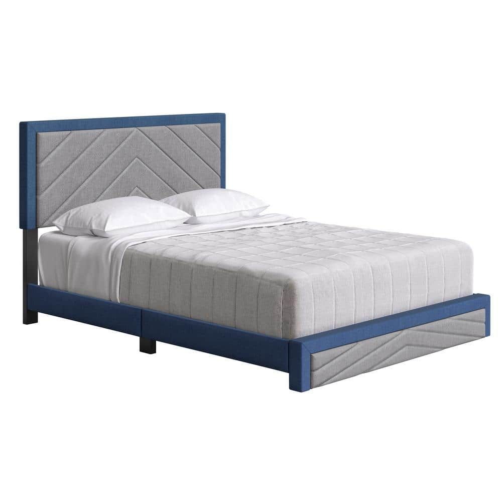 Barcelona Diagonal King Linen Upholstered Platform Bed, Blue and Gray