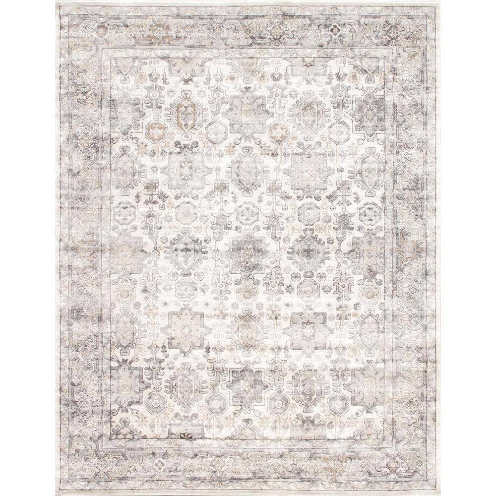 Ivory and Grey Rectangular 9' x 12' Synthetic Area Rug