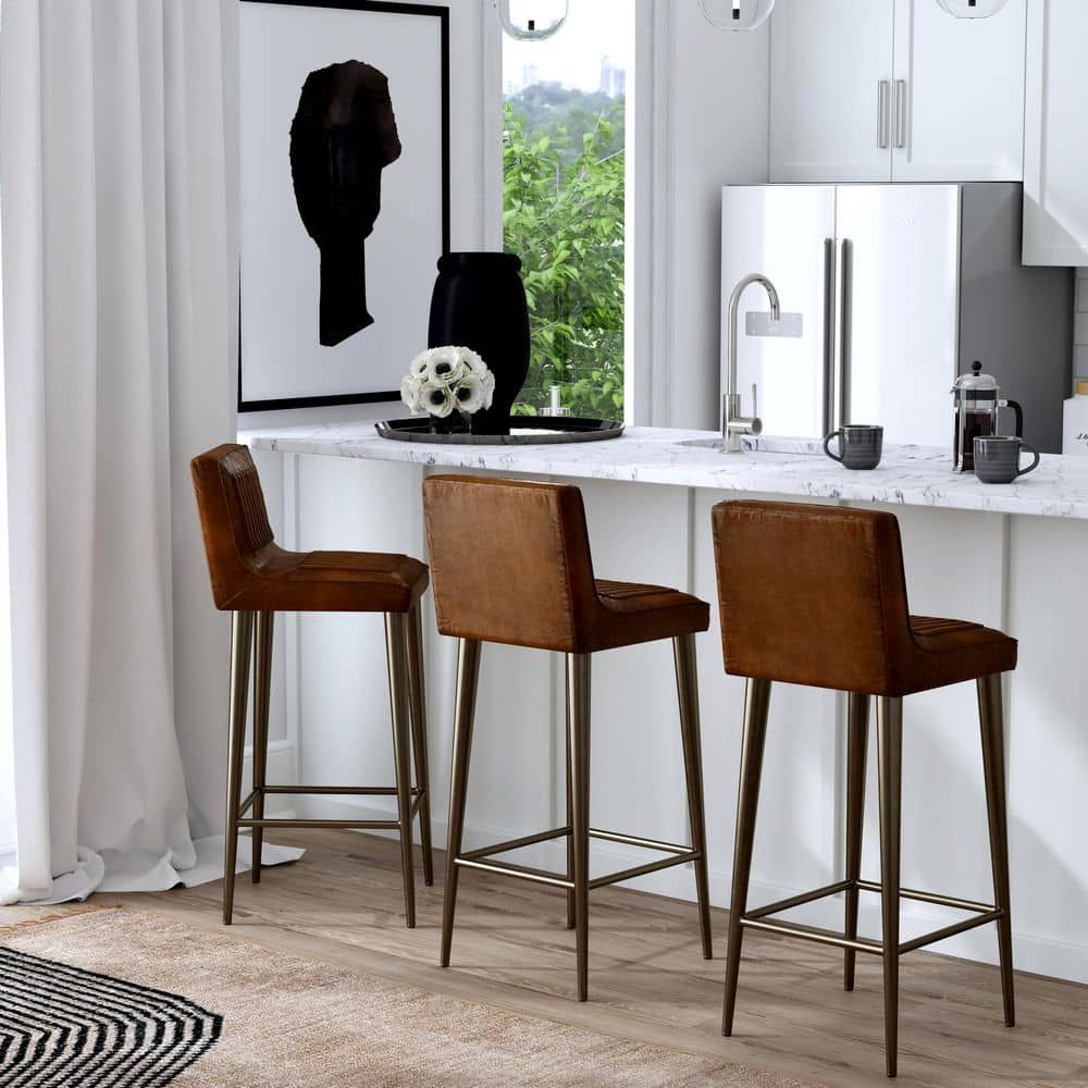 Maxwell 32" Distressed Brown Leather and Metal Bar Stool