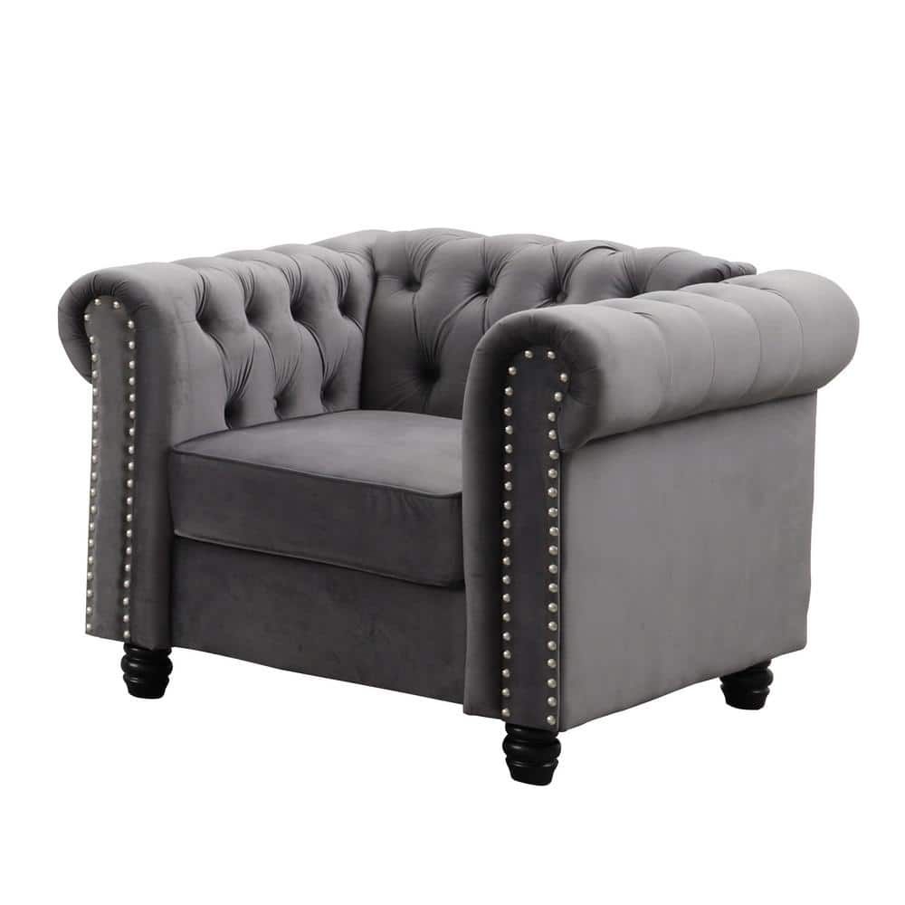 Gray Velvet Chesterfield Accent Chair with Wood Frame