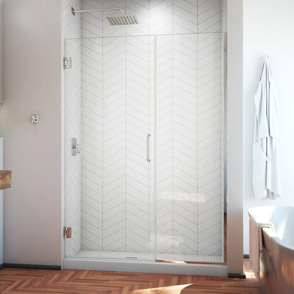 Unidoor Plus Frameless Hinged Shower Door with Clear Glass and Black Hardware