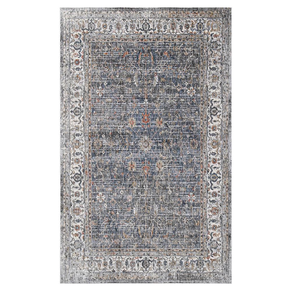 Charcoal Rectangular Oriental Synthetic Area Rug 5'3" x 7'6"