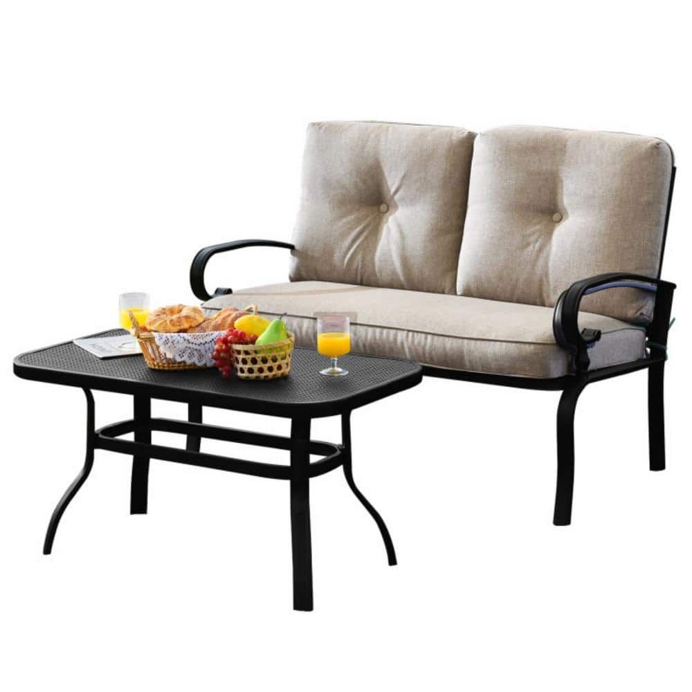 Beige Cushioned Steel Patio Loveseat with Coffee Table