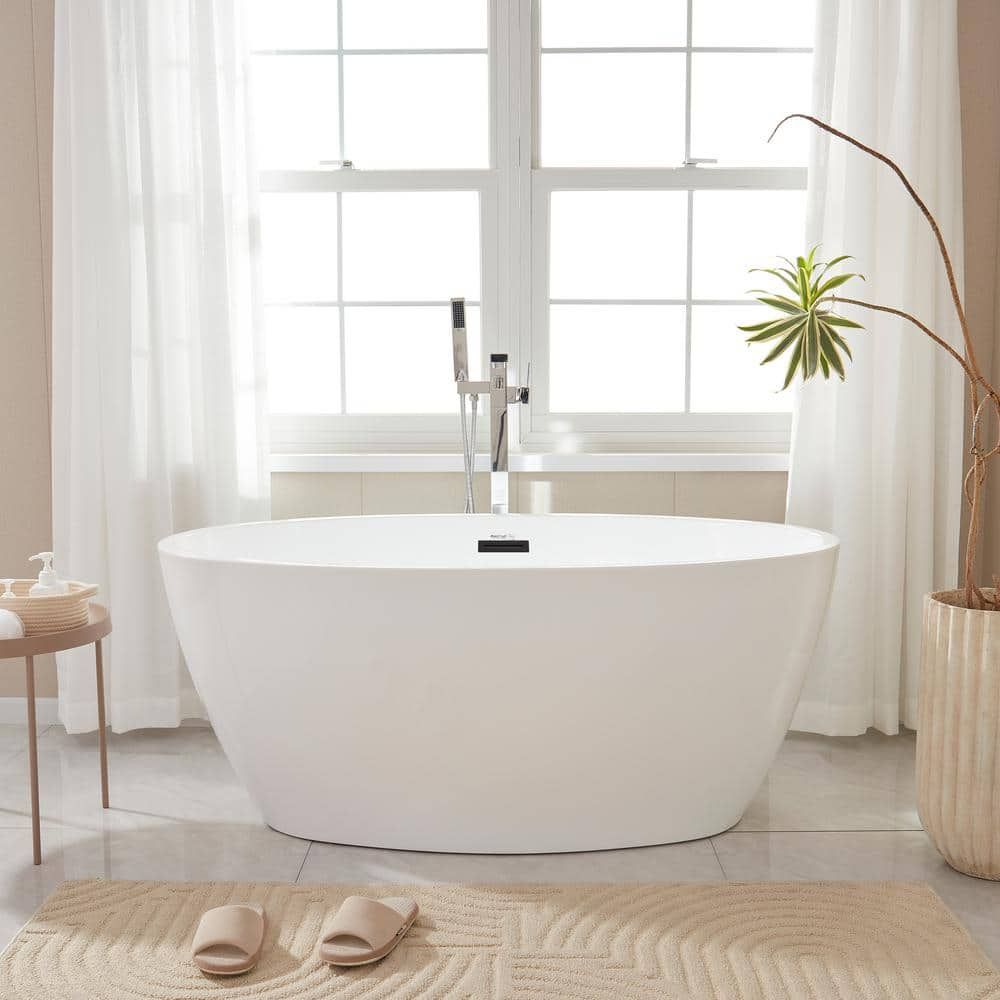 Vanity Art 31.9-in x 55-in White/Matte Black Acrylic Oval Freestanding Soaking Bathtub (Center Drain)