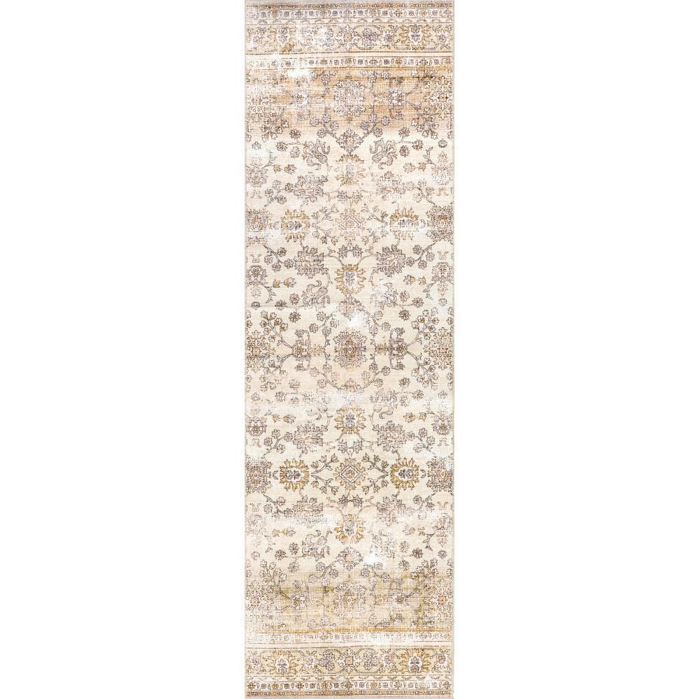 Deadra Vintage Floral Gray and Beige Synthetic Runner Rug