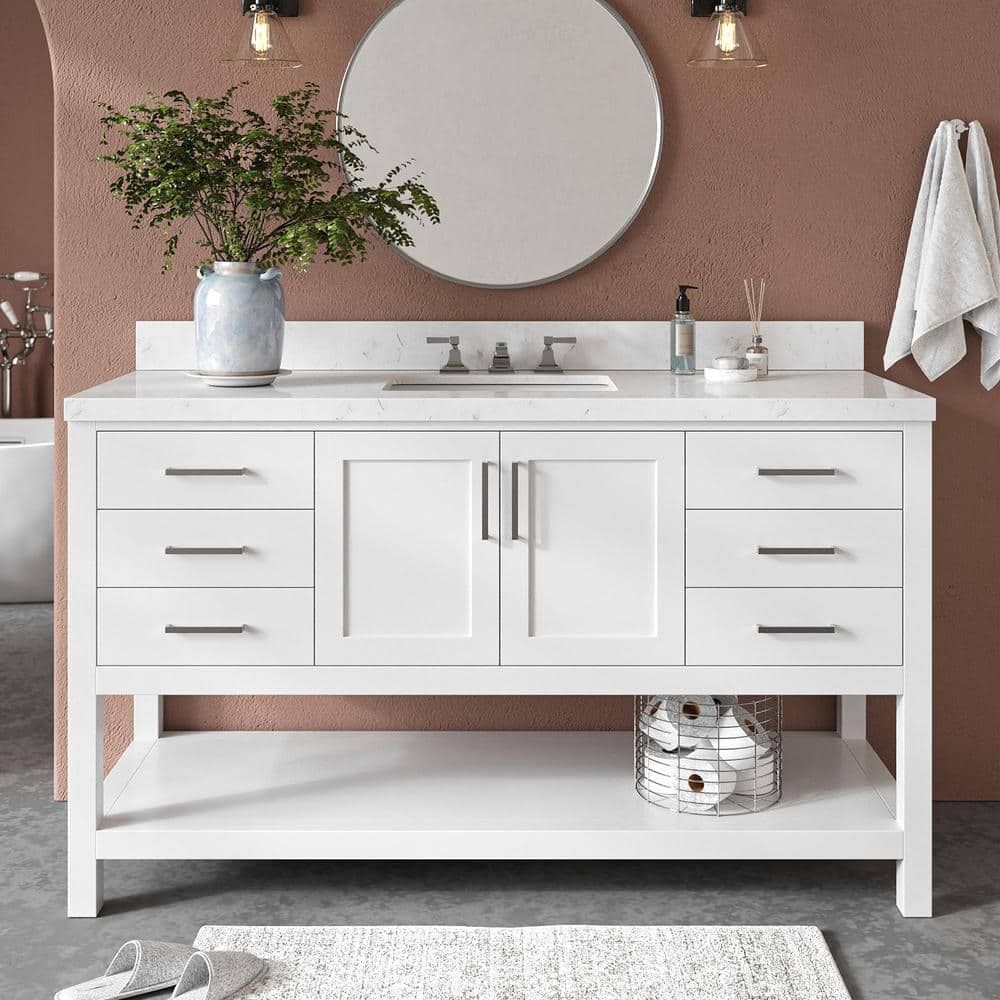 White 60" Single Sink Bathroom Vanity with Carrara Quartz Top