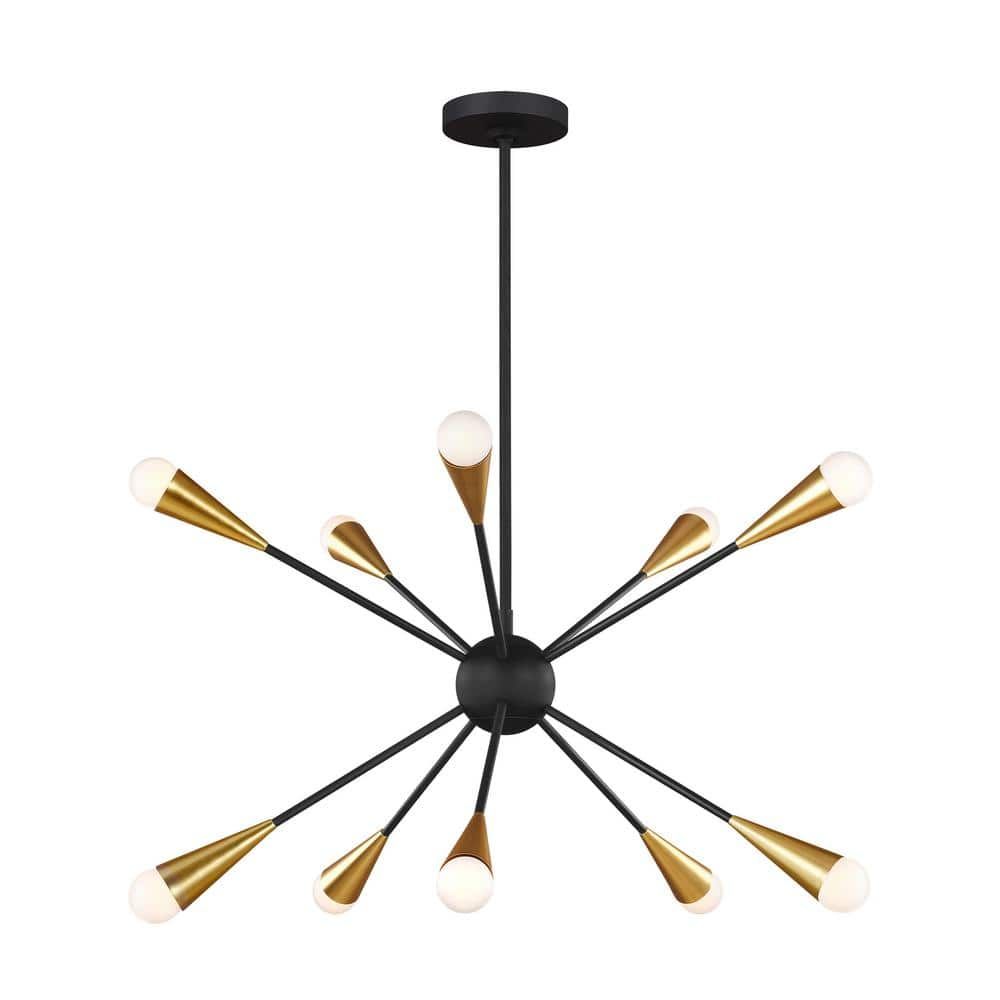 Midnight Black 10-Light Sputnik Chandelier with Brass Accents