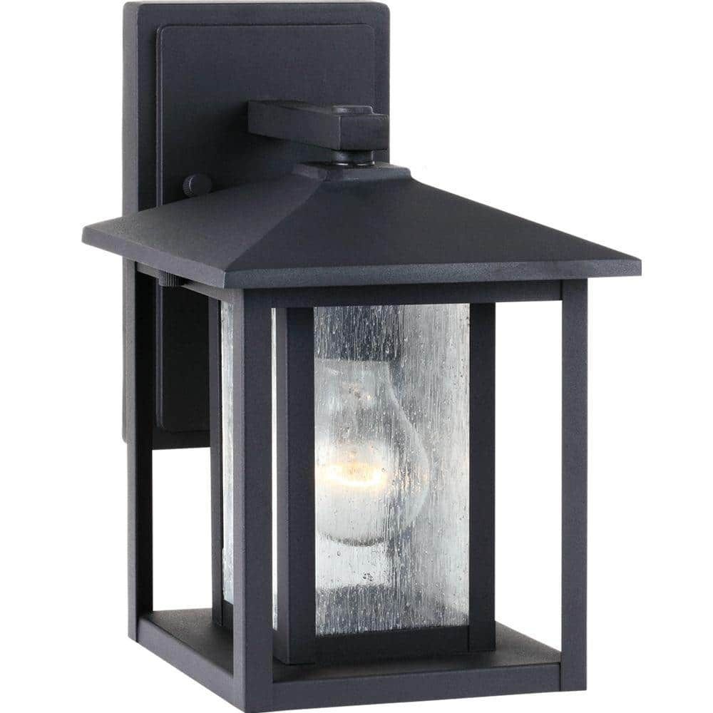 Transitional Hunnington Black Pewter 1-Light Outdoor Sconce with Seeded Glass