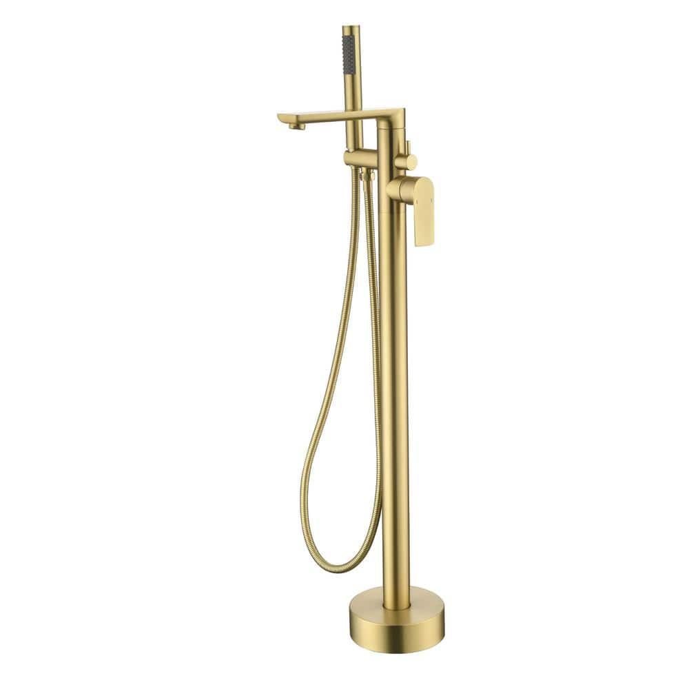 Brushed Gold Freestanding Tub Filler Faucet with Handheld Shower