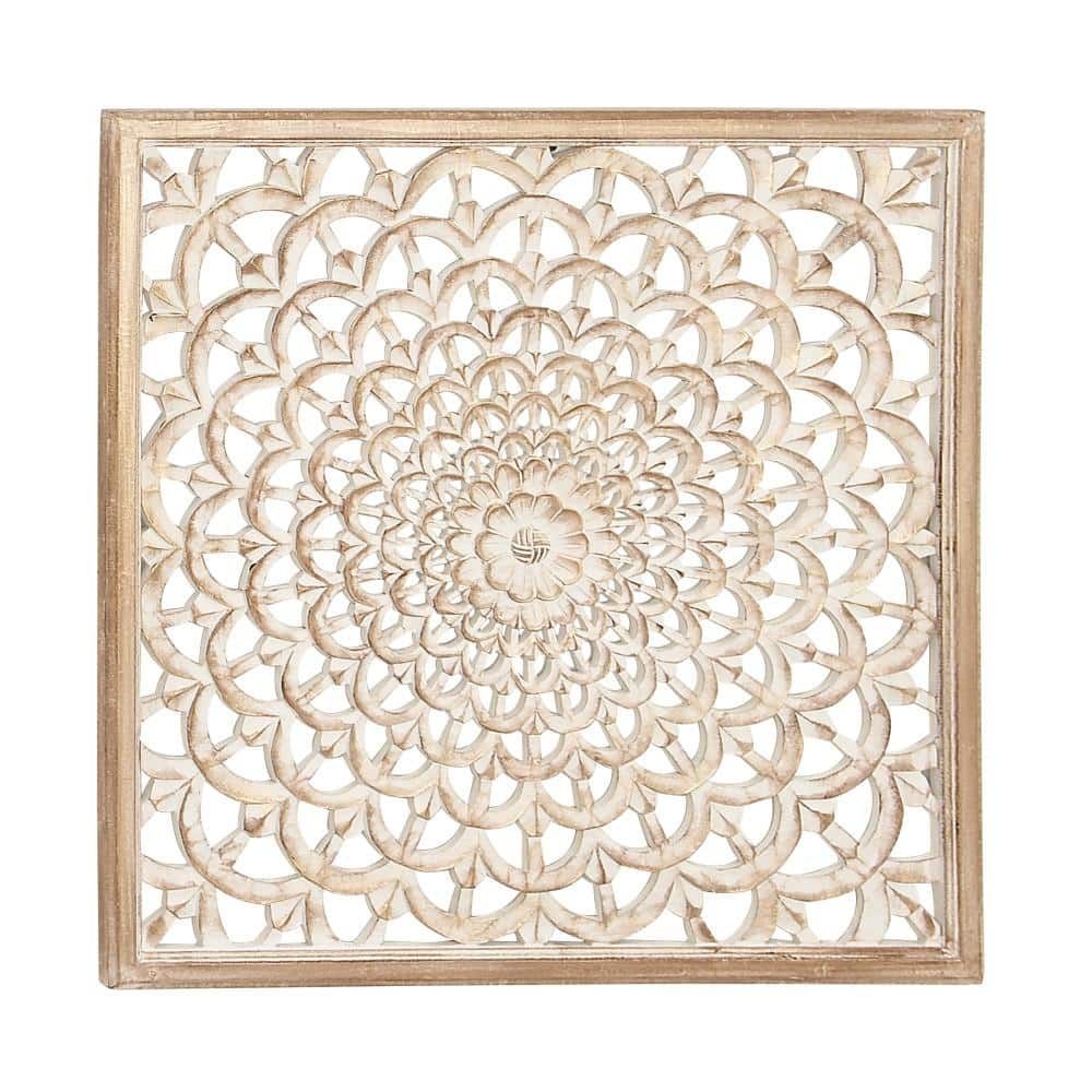 36" Off-White Hand-Carved Wood Floral Wall Sculpture