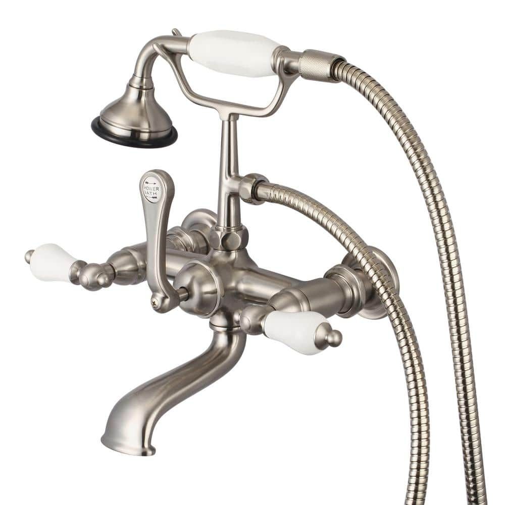 Vintage Classic Brushed Nickel Wall Mount Tub Faucet with Porcelain Handles