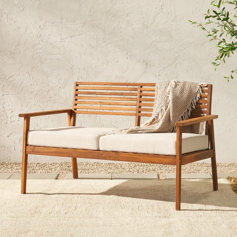 Modern Brown Solid Acacia Wood Outdoor Loveseat with Cushions