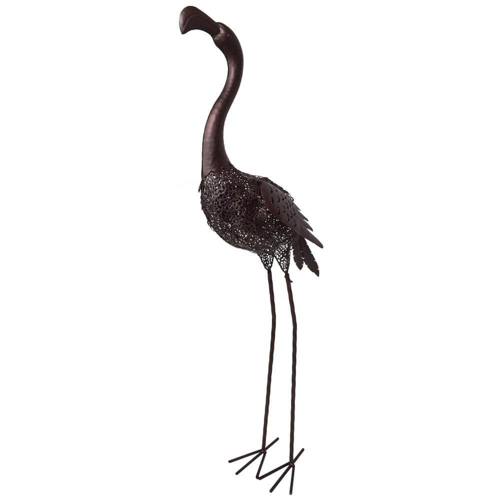 40 in. Dark Brown Steel Flamingo Garden Sculpture with Solar Light