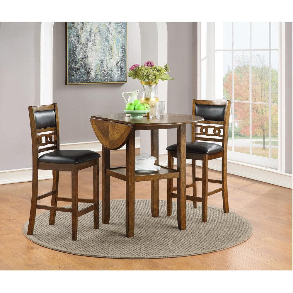 Brown Rubberwood Drop Leaf Counter Table Set with Black Upholstered Chairs