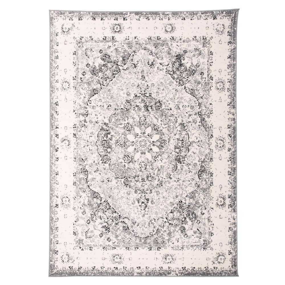 Gray and White Synthetic Medallion 10x14 Area Rug