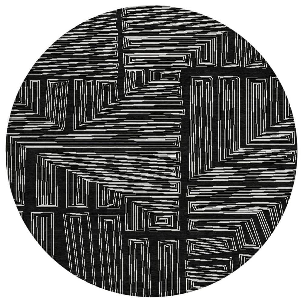 Addison 8' Round Black Geometric Synthetic Area Rug