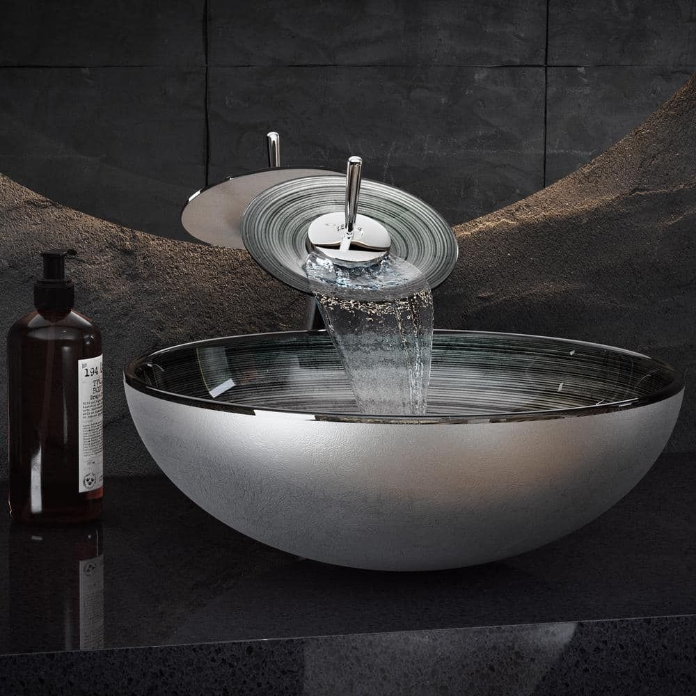 Cascade Smoky Grey 16.5" Glass Vessel Sink with Waterfall Faucet