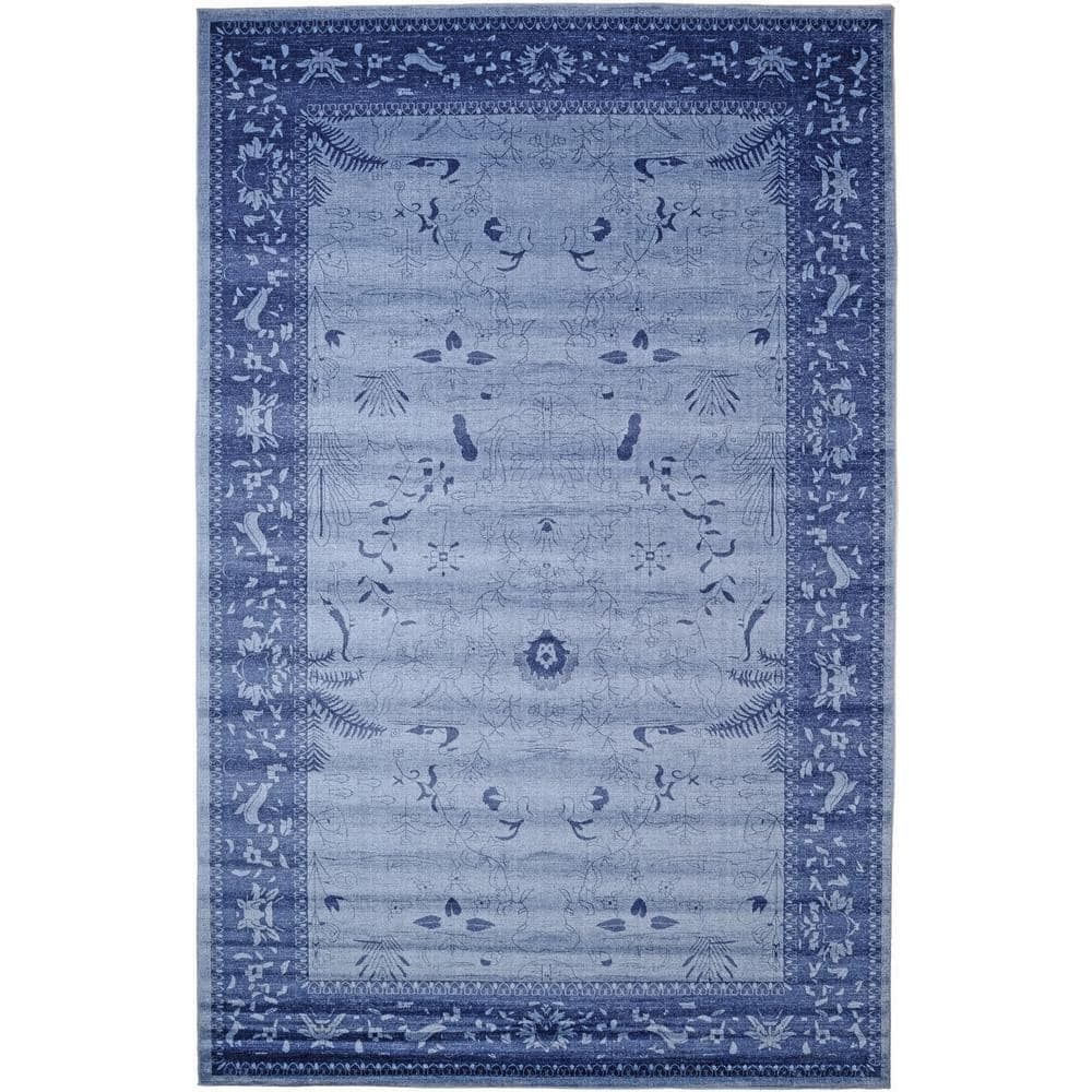 Serene Deep Blue Floral Indoor Rectangular Rug