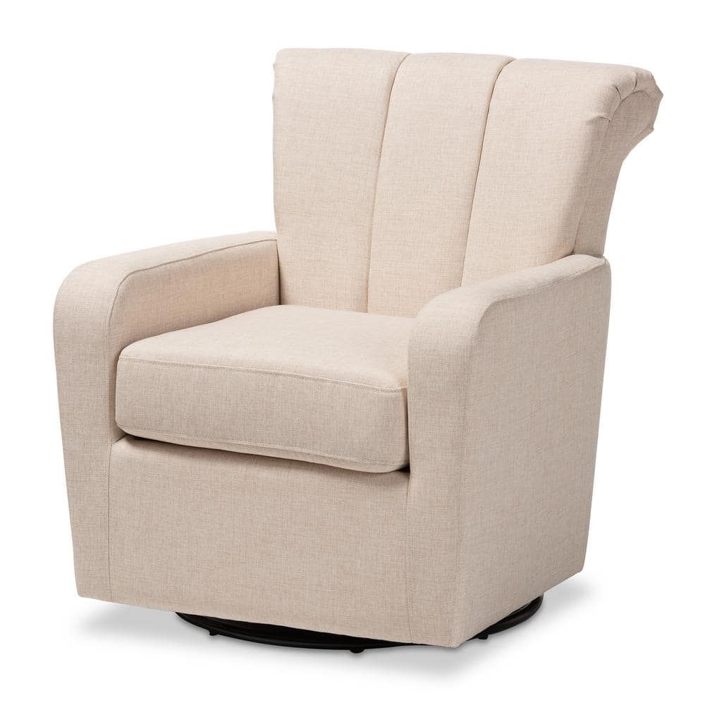 Beige Channel-Tufted Leather Swivel Accent Chair with Manufactured Wood