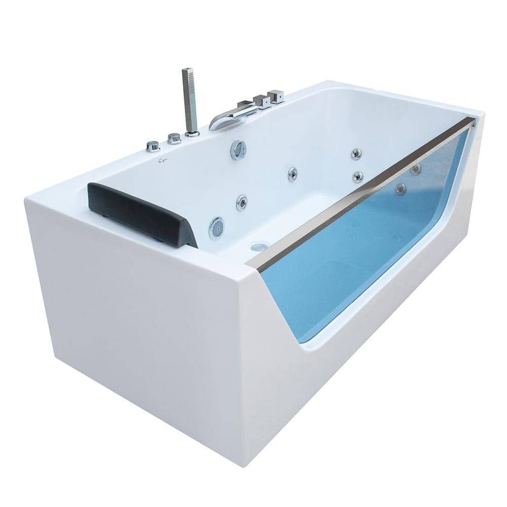 59-Inch White Acrylic Rectangular Whirlpool Bathtub with Jets and Blue Glass Panel