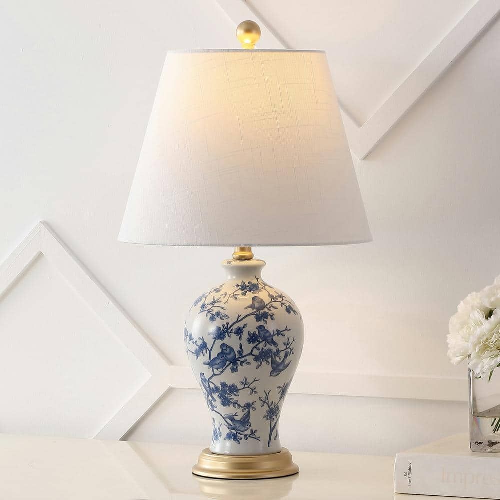 Grace 24" Blue and White Floral Ceramic Table Lamp with Brass Accents