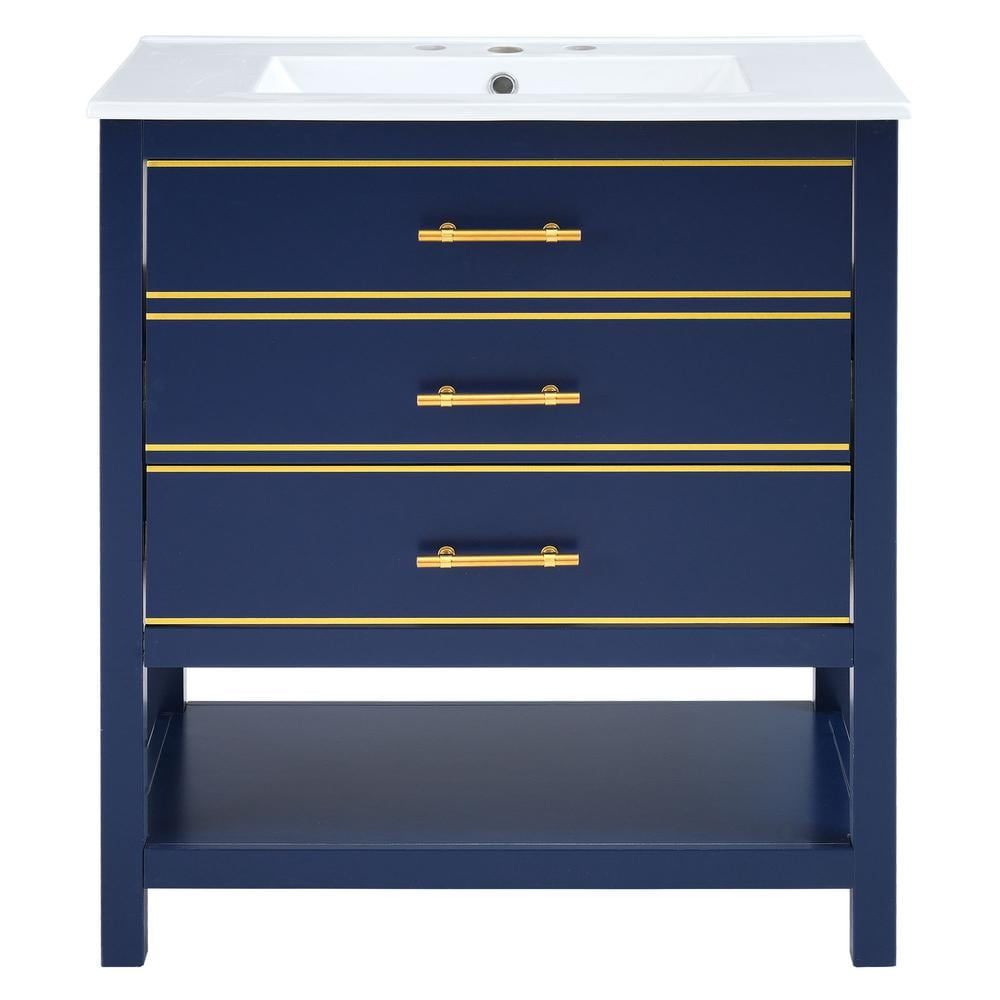 30" Blue Wood Freestanding Vanity with White Ceramic Top and Gold Accents