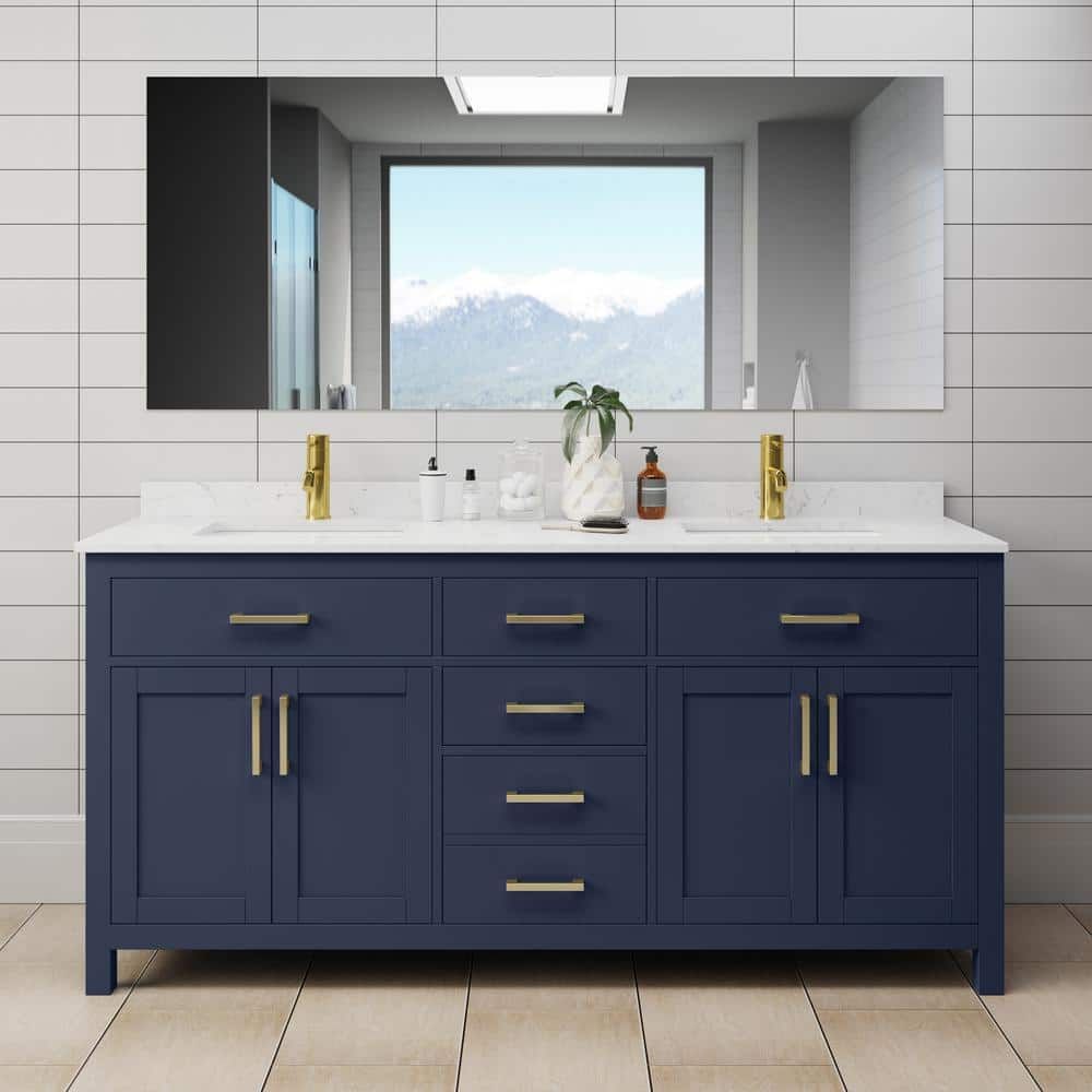 Beckett 72" Dark Blue Double Bathroom Vanity with Carrara Marble Top