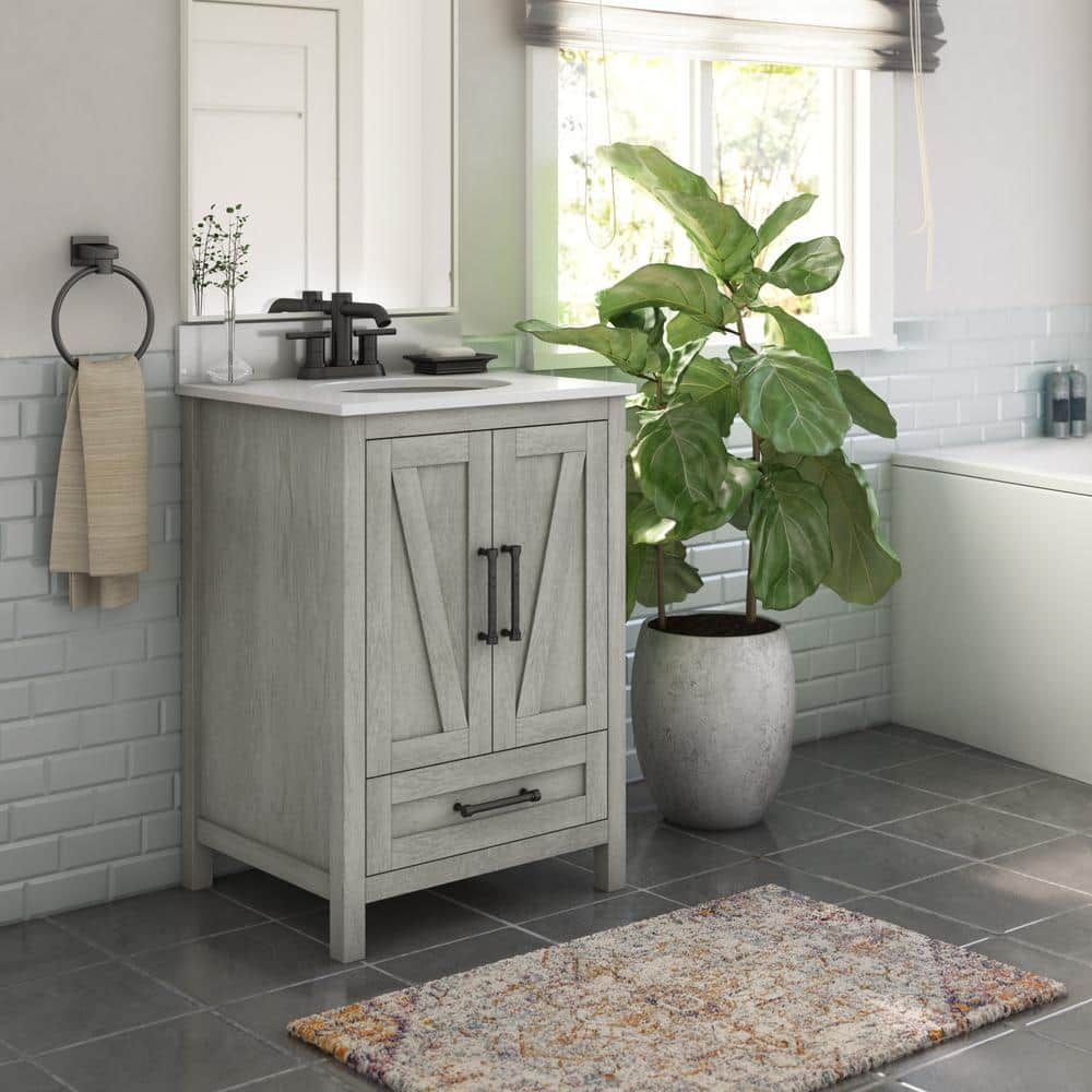 Rustic Oak Bathroom Vanity with White Stone Top and Basin