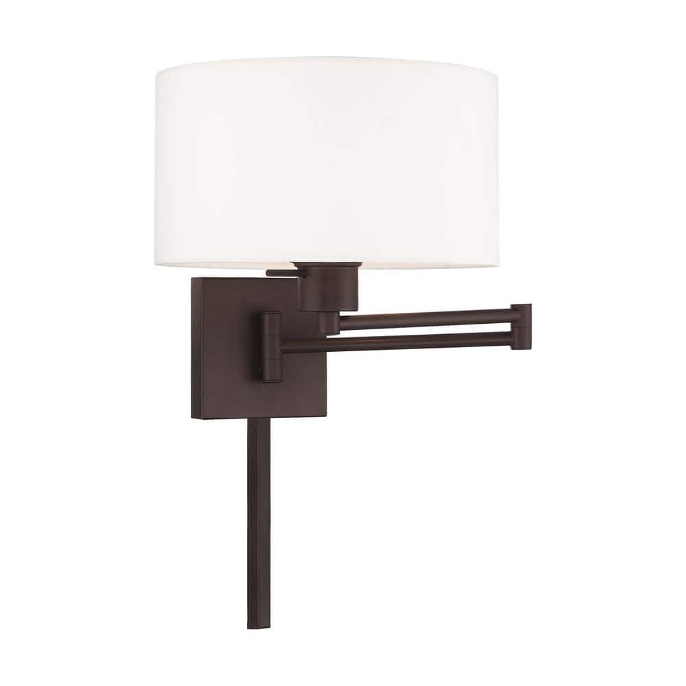 Transitional Bronze Swing Arm Wall Lamp with Off-White Fabric Shade